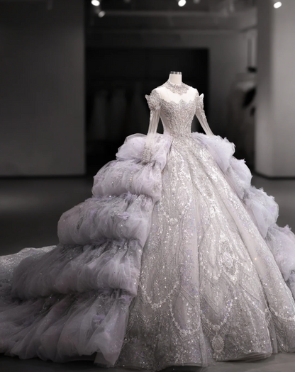 Gorgeous design purple crystal beaded princess fluffy floor-length wedding dress P2890