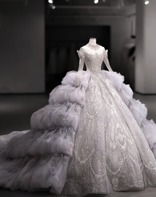 Gorgeous design purple crystal beaded princess fluffy floor-length wedding dress P2890