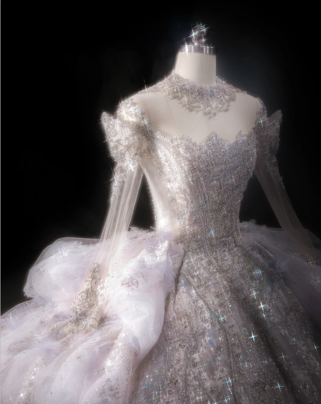 Gorgeous design purple crystal beaded princess fluffy floor-length wedding dress P2890