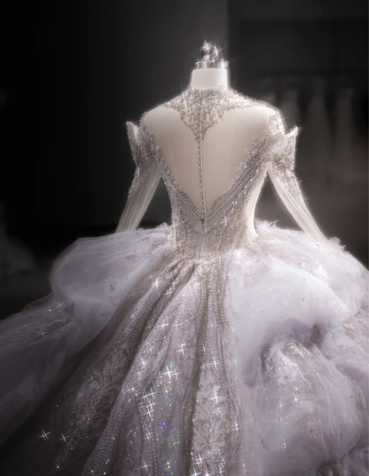 Gorgeous design purple crystal beaded princess fluffy floor-length wedding dress P2890