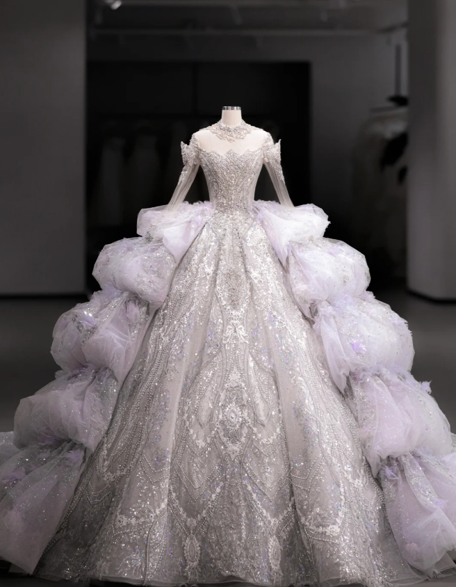 Gorgeous design purple crystal beaded princess fluffy floor-length wedding dress P2890