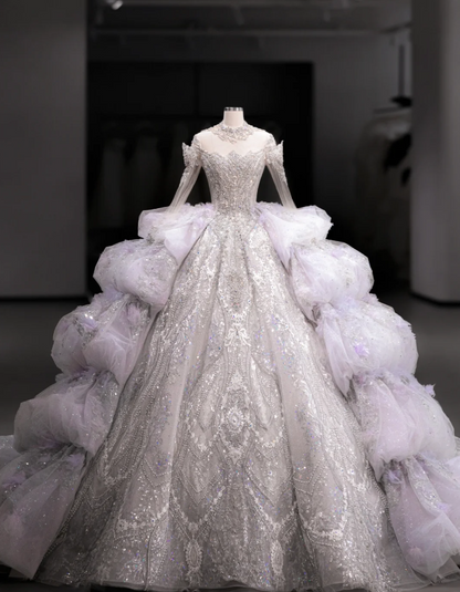 Gorgeous design purple crystal beaded princess fluffy floor-length wedding dress P2890
