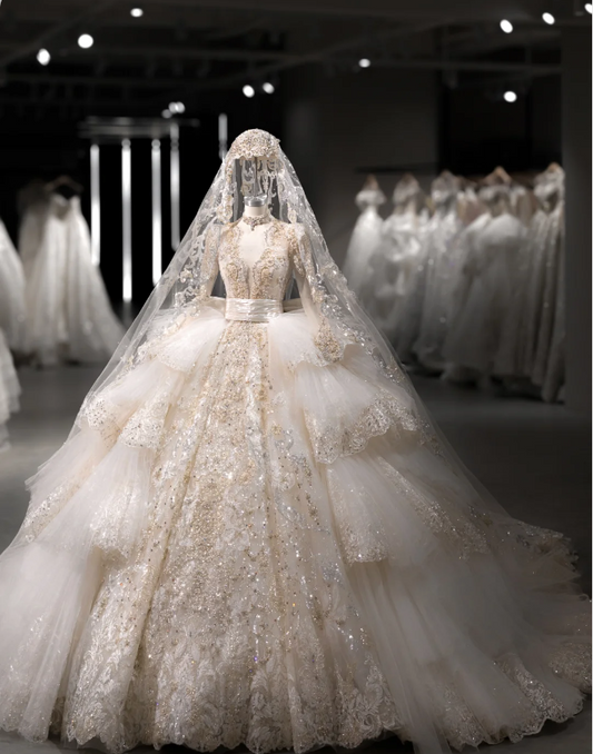 French Palace Champagne Gold Long Sleeve Lace Accordion Pleated Tulle Deep V Neck Wedding Dress P2891