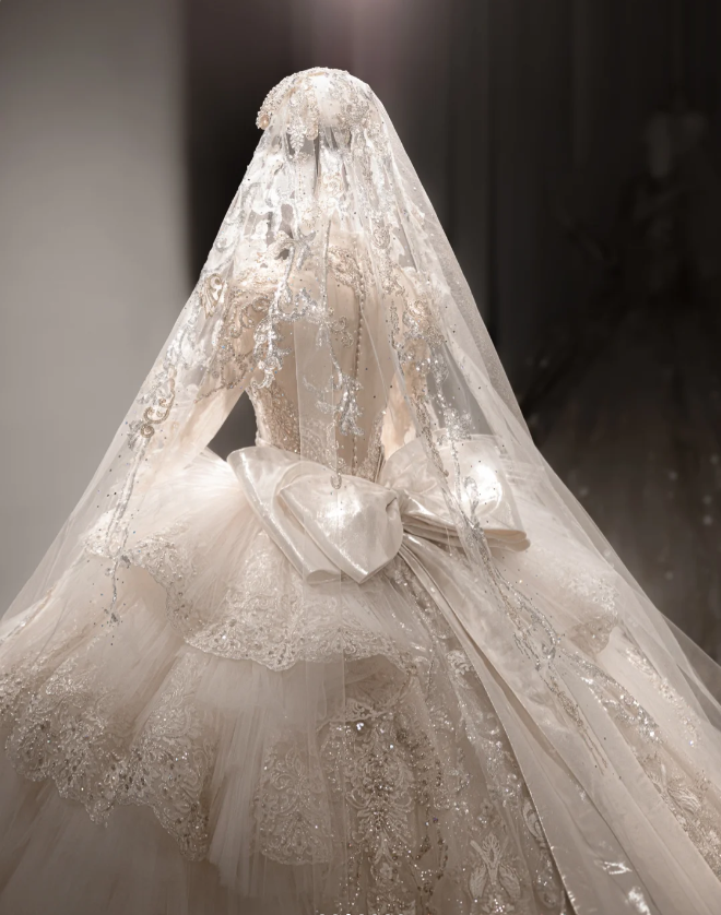 French Palace Champagne Gold Long Sleeve Lace Accordion Pleated Tulle Deep V Neck Wedding Dress P2891