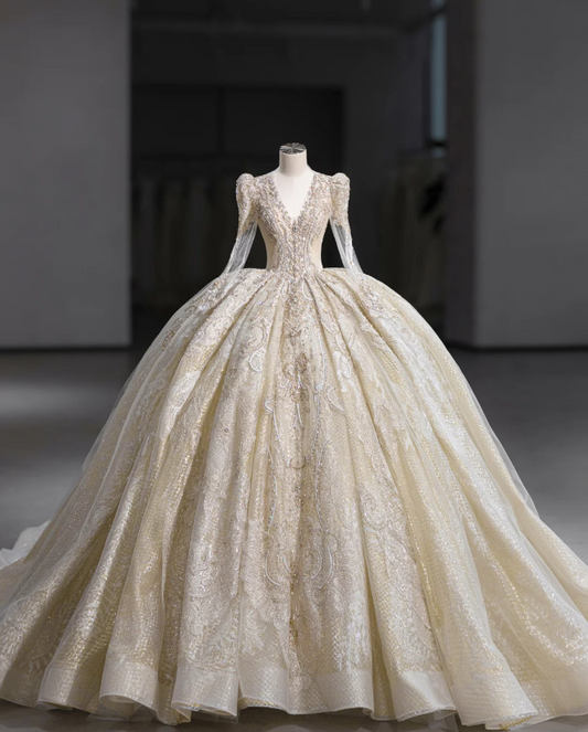 Gorgeous golden V-neck padded shoulder design long sleeve lace totem crystal sewn beads fluffy floor-length wedding dress P2892