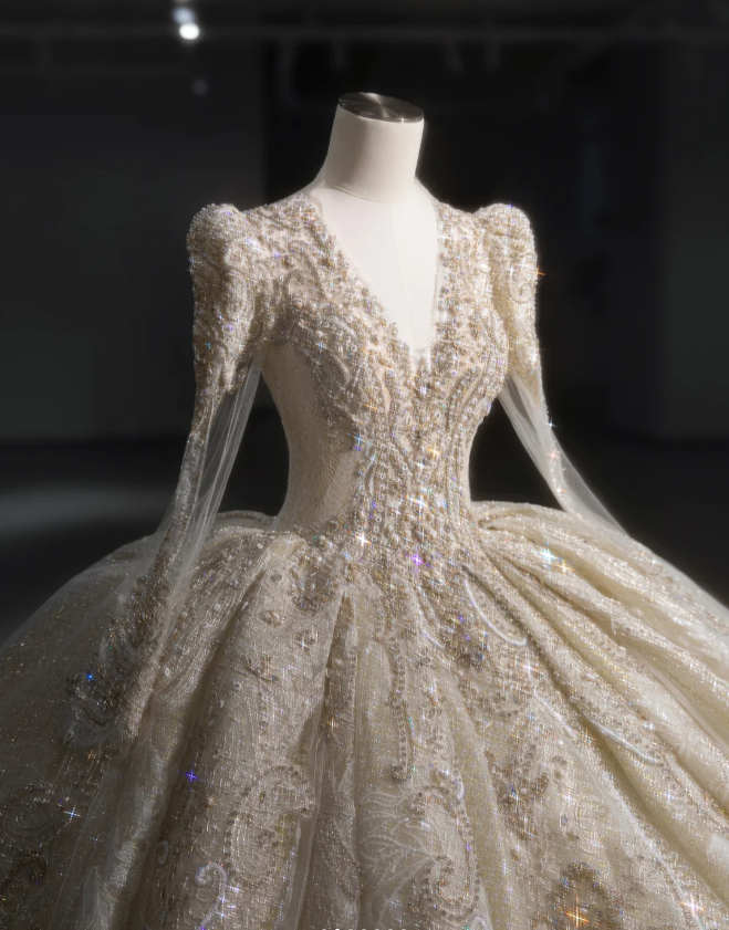 Gorgeous golden V-neck padded shoulder design long sleeve lace totem crystal sewn beads fluffy floor-length wedding dress P2892