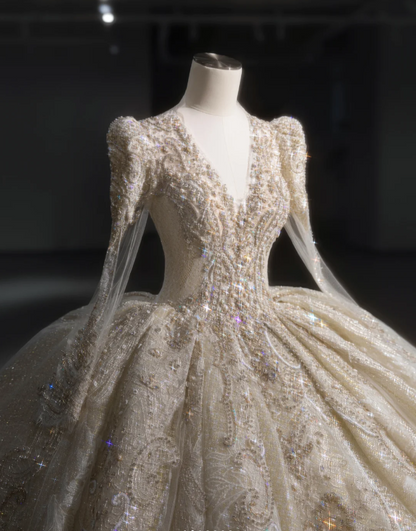 Gorgeous golden V-neck padded shoulder design long sleeve lace totem crystal sewn beads fluffy floor-length wedding dress P2892