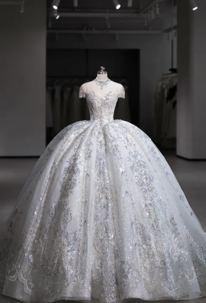 Starry Sky Sequin Lace Luxurious Fluffy Floor-Length Wedding Dress P2893