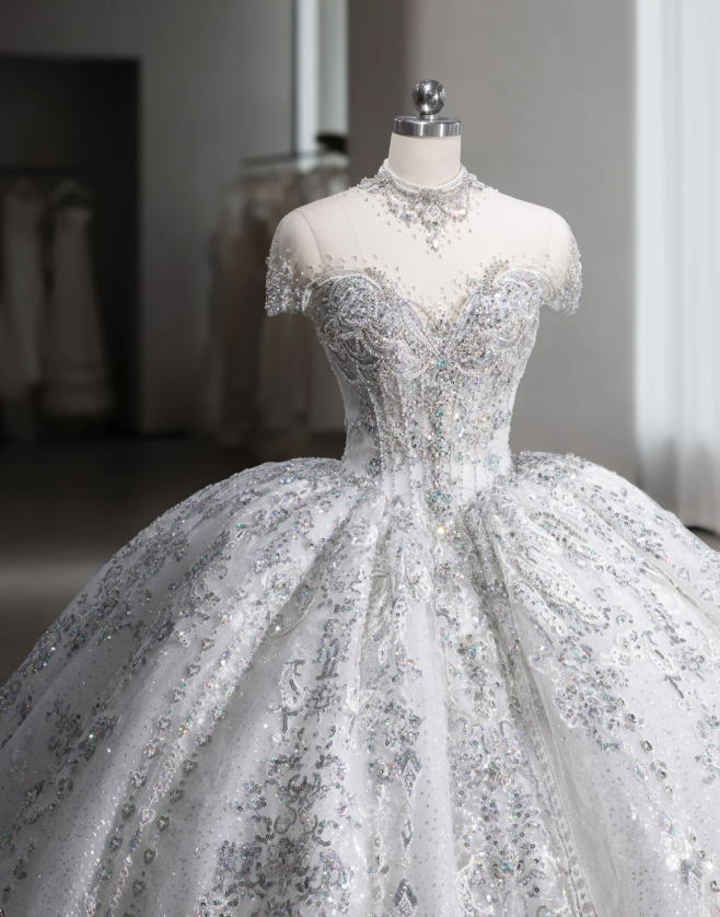 Starry Sky Sequin Lace Luxurious Fluffy Floor-Length Wedding Dress P2893