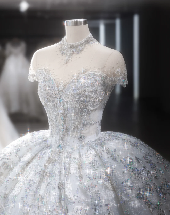 Starry Sky Sequin Lace Luxurious Fluffy Floor-Length Wedding Dress P2893