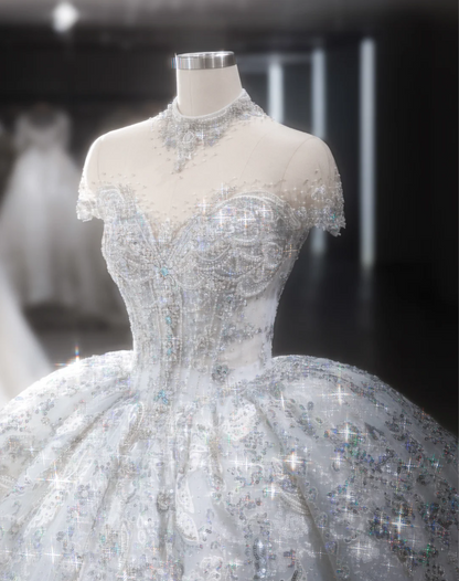 Starry Sky Sequin Lace Luxurious Fluffy Floor-Length Wedding Dress P2893