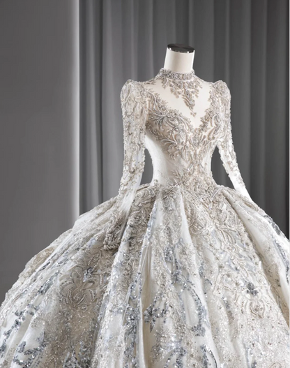 Luxurious Royal Court Long Sleeve Lace Beaded Princess Puffy Floor-Length Wedding Dress P2894