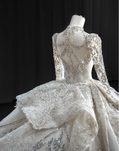 Luxurious Royal Court Long Sleeve Lace Beaded Princess Puffy Floor-Length Wedding Dress P2894