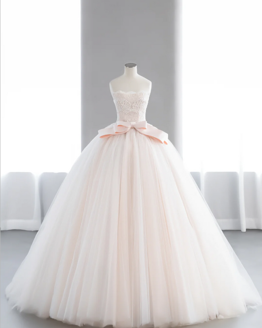 Cute Barbie light pink lace tulle waist bow A-line wedding dress P2896