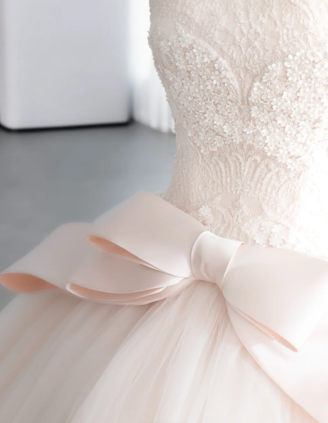 Cute Barbie light pink lace tulle waist bow A-line wedding dress P2896