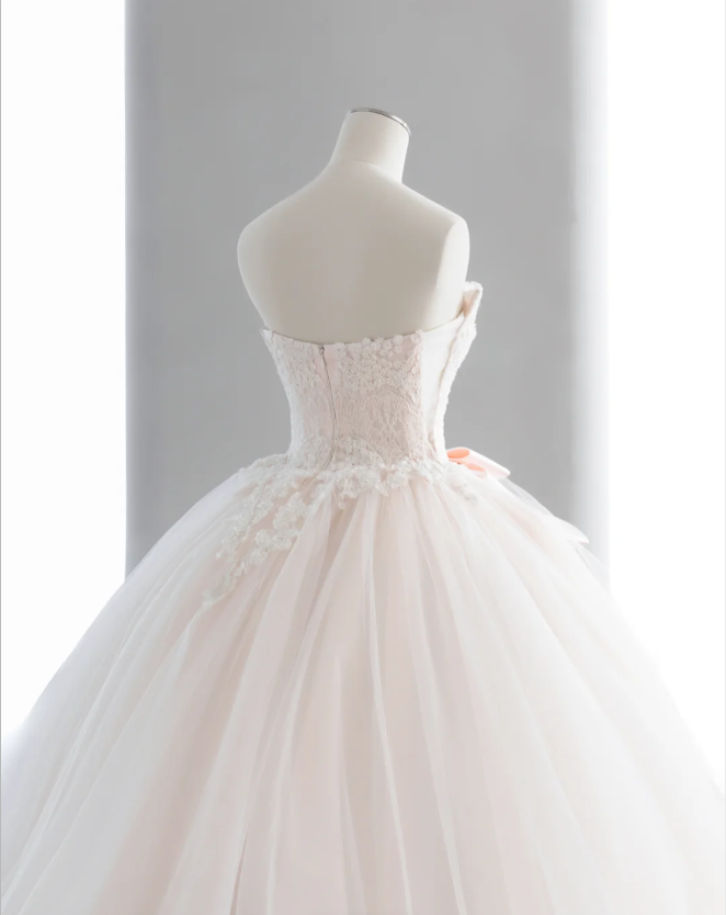 Cute Barbie light pink lace tulle waist bow A-line wedding dress P2896