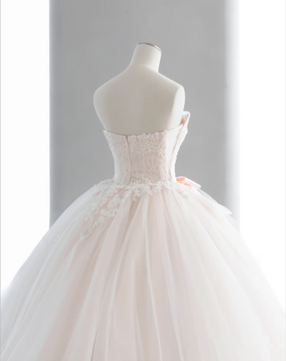 Cute Barbie light pink lace tulle waist bow A-line wedding dress P2896