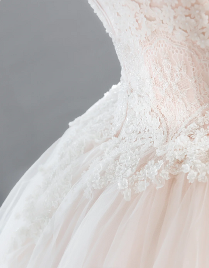 Cute Barbie light pink lace tulle waist bow A-line wedding dress P2896