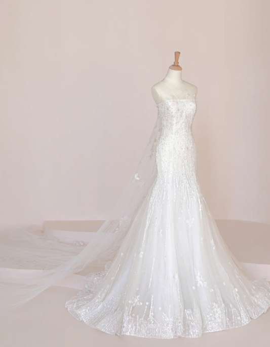 Elegant Temperament Strapless Mermaid Slim Fit Sequin Beaded White Wedding Dress P2897