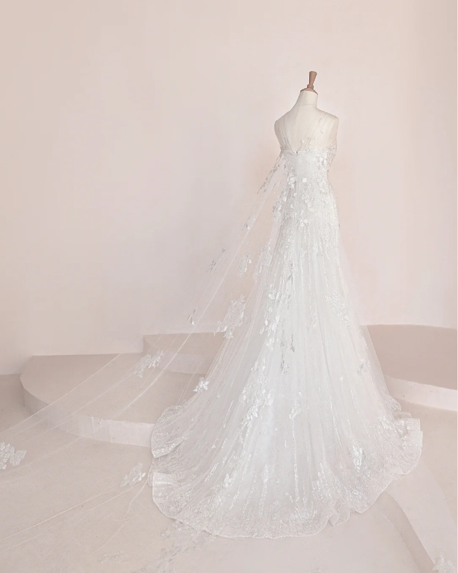 Elegant Temperament Strapless Mermaid Slim Fit Sequin Beaded White Wedding Dress P2897