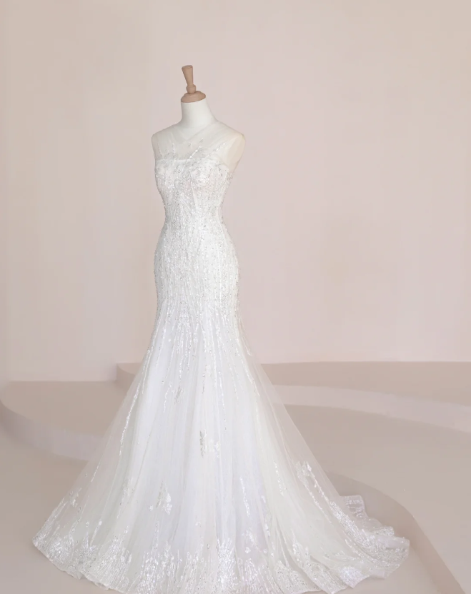 Elegant Temperament Strapless Mermaid Slim Fit Sequin Beaded White Wedding Dress P2897
