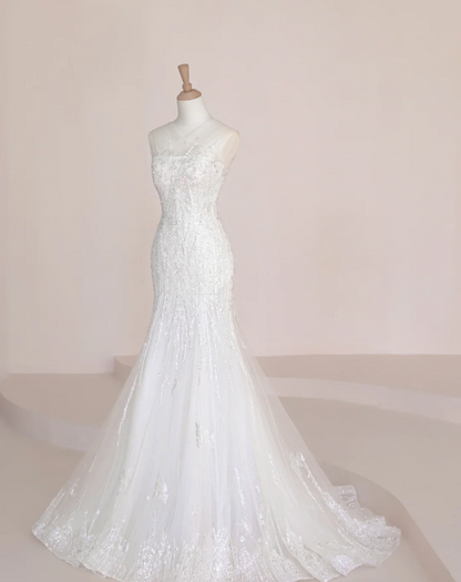 Elegant Temperament Strapless Mermaid Slim Fit Sequin Beaded White Wedding Dress P2897