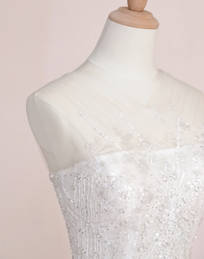 Elegant Temperament Strapless Mermaid Slim Fit Sequin Beaded White Wedding Dress P2897