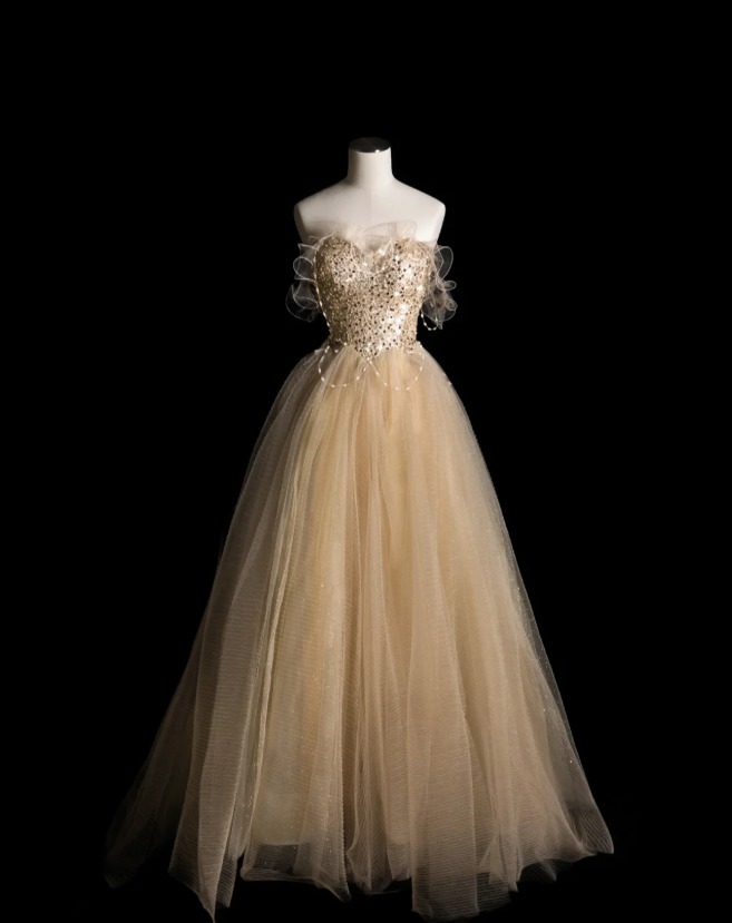 Gold Glitter Strapless Sequined A-Line Tulle Floor-Length Wedding Dress P2898