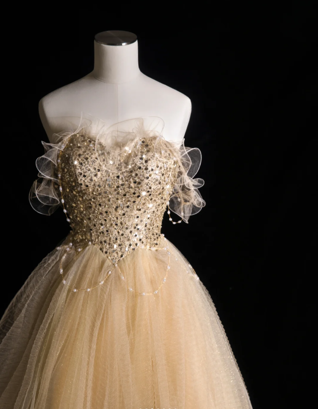 Gold Glitter Strapless Sequined A-Line Tulle Floor-Length Wedding Dress P2898