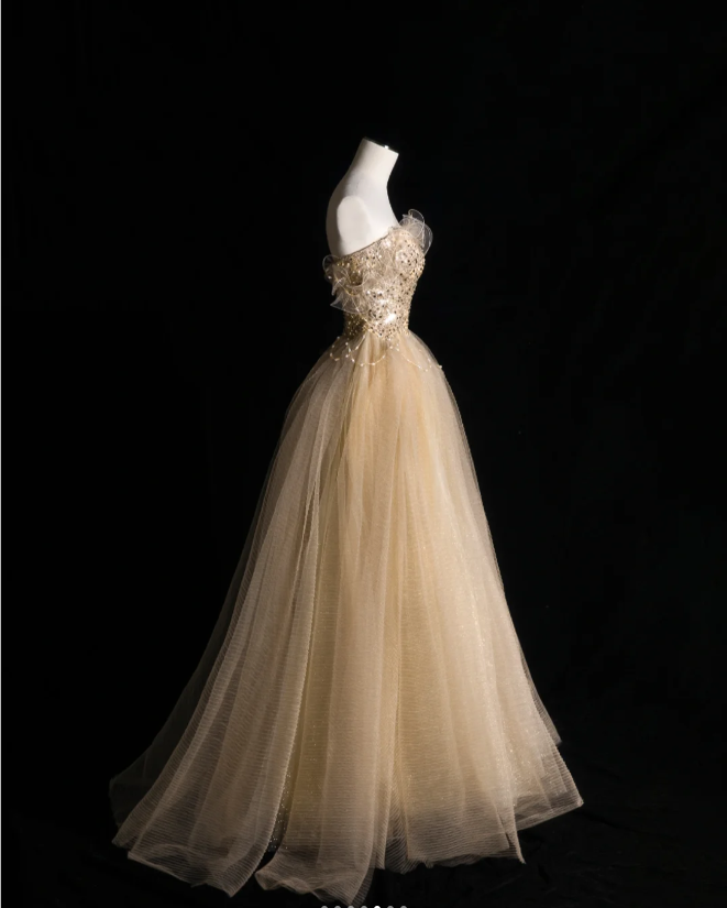 Gold Glitter Strapless Sequined A-Line Tulle Floor-Length Wedding Dress P2898