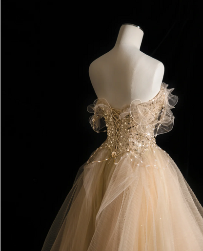 Gold Glitter Strapless Sequined A-Line Tulle Floor-Length Wedding Dress P2898