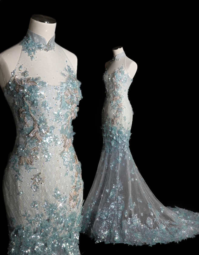 Elegant Blue Sequin Beaded Mermaid Fitted Wedding Dress P2899