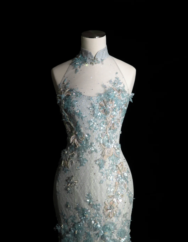 Elegant Blue Sequin Beaded Mermaid Fitted Wedding Dress P2899