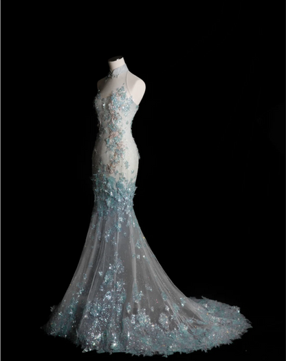 Elegant Blue Sequin Beaded Mermaid Fitted Wedding Dress P2899
