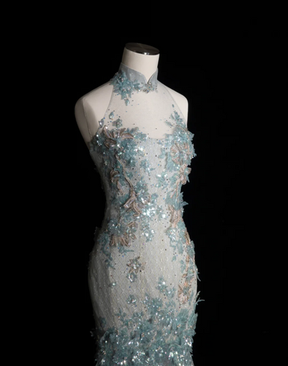 Elegant Blue Sequin Beaded Mermaid Fitted Wedding Dress P2899