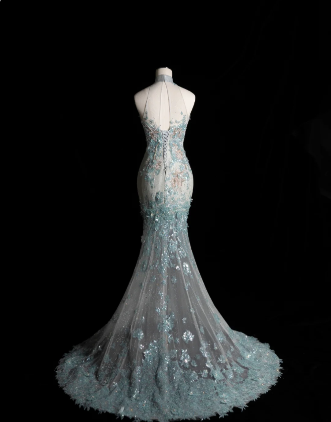 Elegant Blue Sequin Beaded Mermaid Fitted Wedding Dress P2899