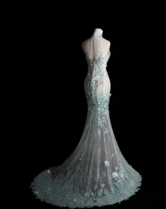 Elegant Blue Sequin Beaded Mermaid Fitted Wedding Dress P2899