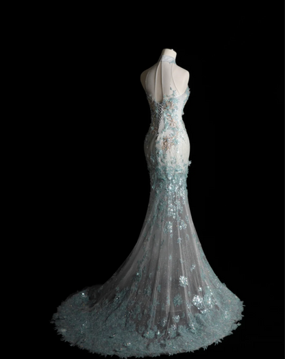 Elegant Blue Sequin Beaded Mermaid Fitted Wedding Dress P2899