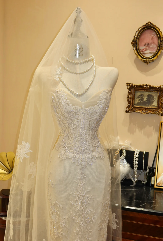 Sweetheart Neck Off-the-shoulder Vintage White Mermaid Lace Wedding Dress P2800
