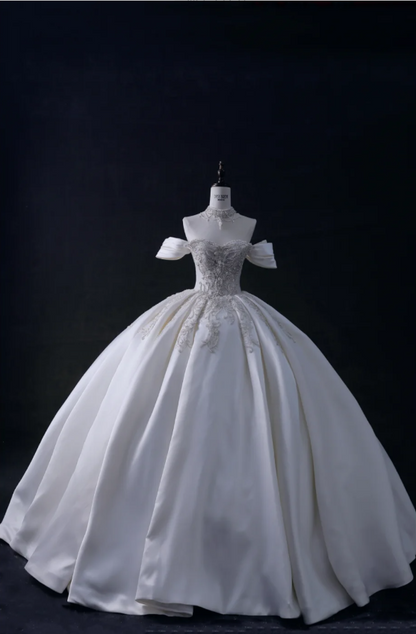 Gentle One Shoulder Satin Beaded Back Bow A-Line Wedding Dress P2900