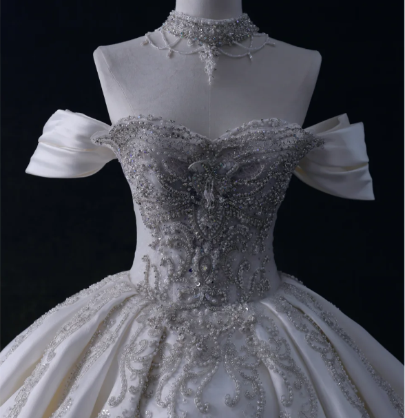 Gentle One Shoulder Satin Beaded Back Bow A-Line Wedding Dress P2900