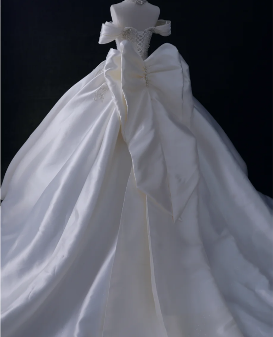 Gentle One Shoulder Satin Beaded Back Bow A-Line Wedding Dress P2900