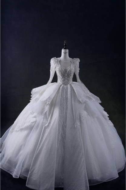 French court neckline V-neck long sleeves skirt cake layer beaded tulle wedding dress P2901