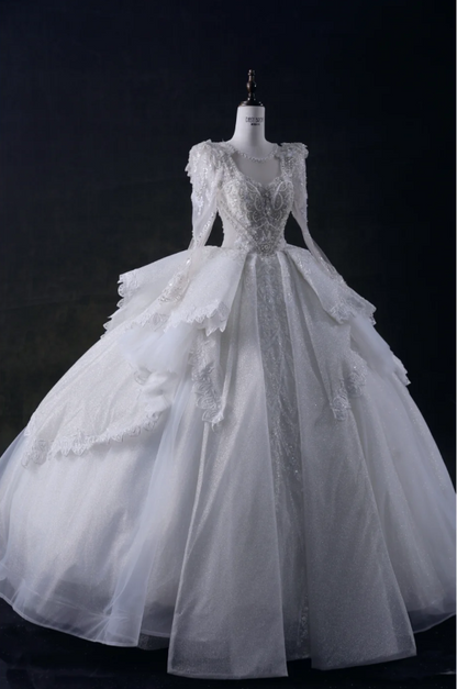 French court neckline V-neck long sleeves skirt cake layer beaded tulle wedding dress P2901