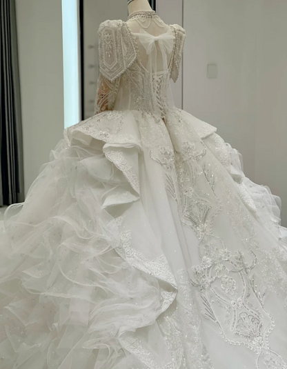 Vintage Square Neck Long Sleeve Pattern Beaded Flowing Tulle Floor-Length Wedding Dress P2902