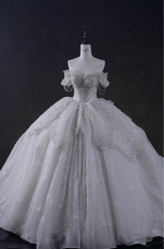 Fairy-like and elegant one-shoulder waist-hugging tulle beaded floor-length flowing wedding dress P2903