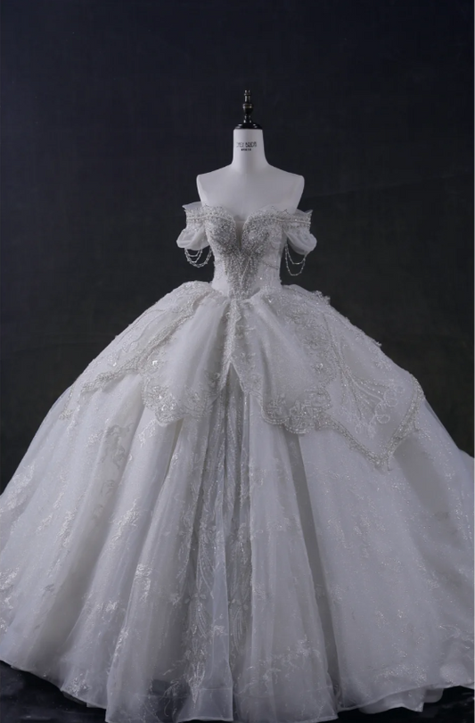 Fairy-like and elegant one-shoulder waist-hugging tulle beaded floor-length flowing wedding dress P2903