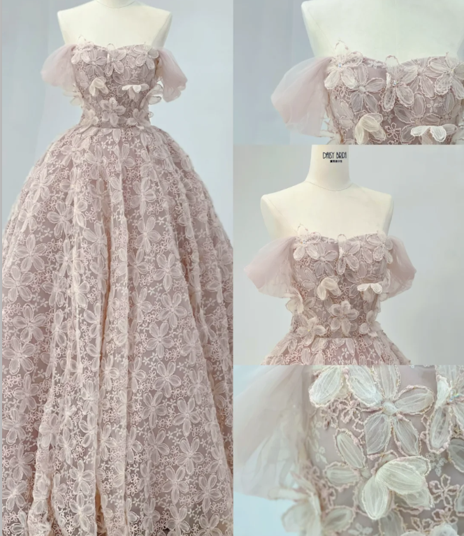 Princess Pink One Shoulder Lace Floral A-Line Wedding Dress P2904