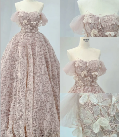 Princess Pink One Shoulder Lace Floral A-Line Wedding Dress P2904