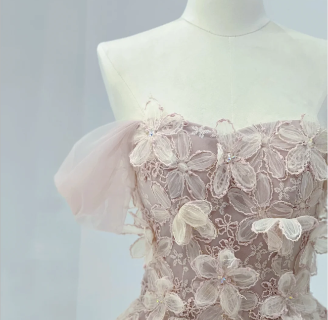 Princess Pink One Shoulder Lace Floral A-Line Wedding Dress P2904